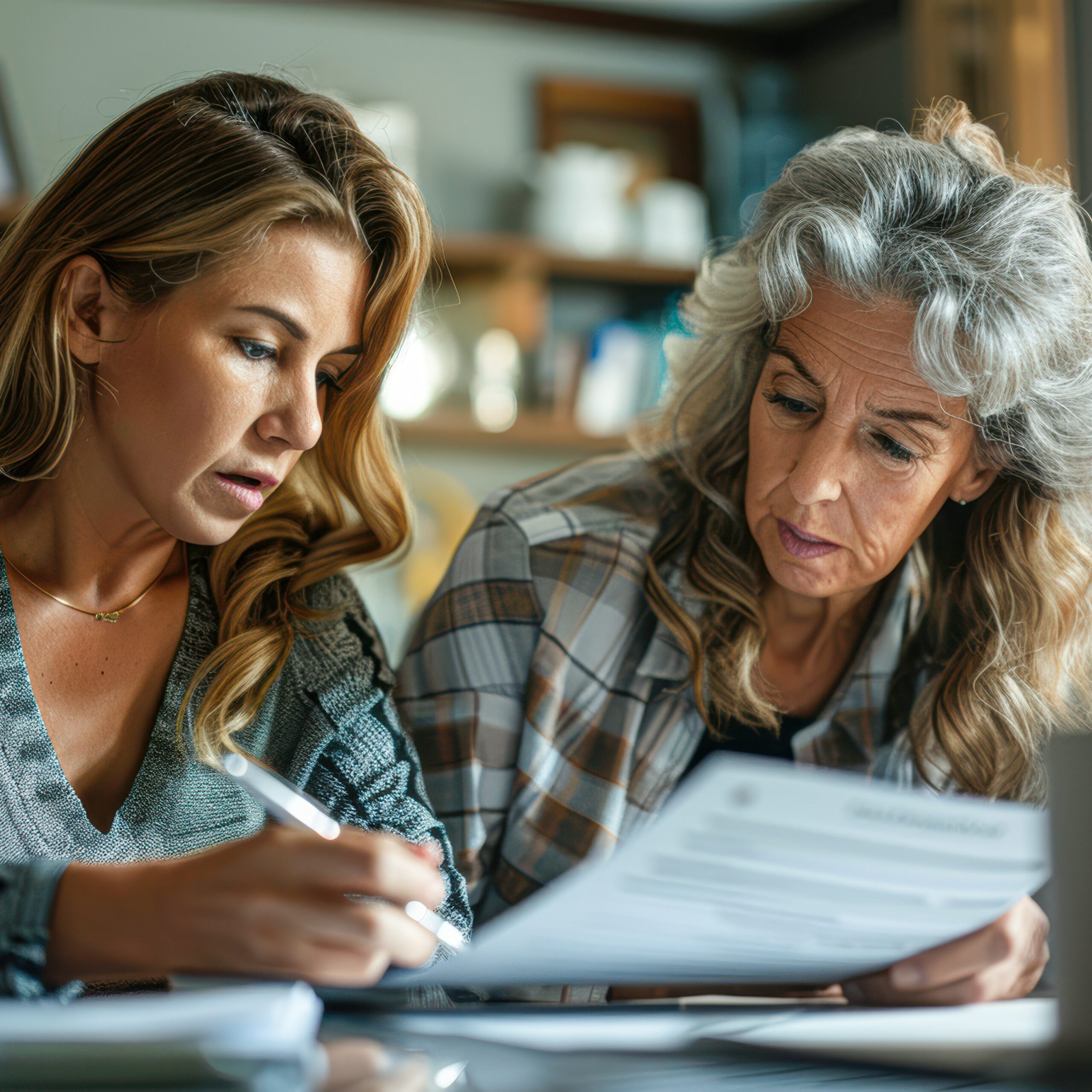 Compassionate Female Assistant Assisting Elderly Woman with Insurance Forms at Bright Daylight Home Office